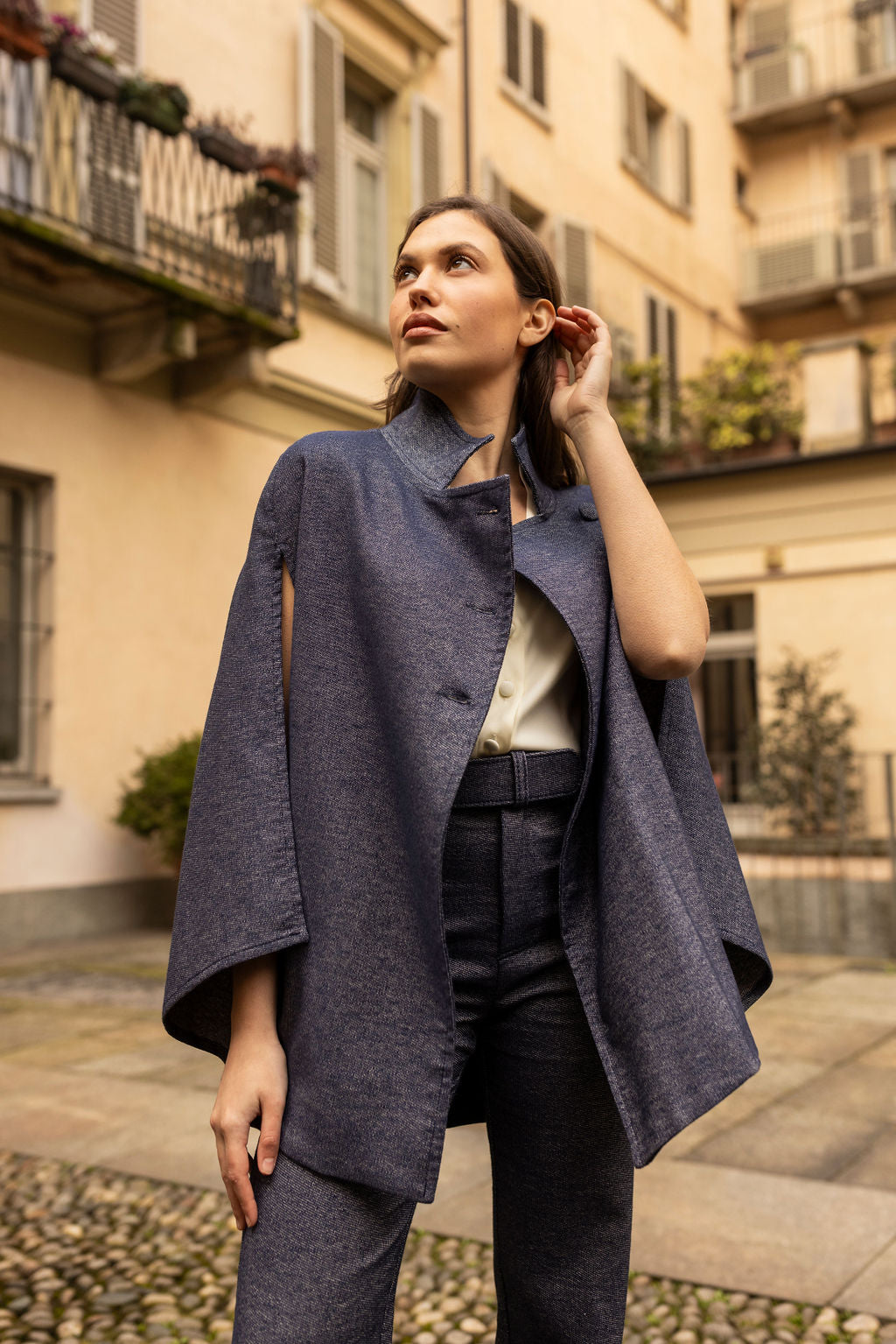 Rachel Denim Cape — blue denim — Marta Scarampi