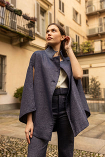 Rachel Denim Cape in blue navy, front view