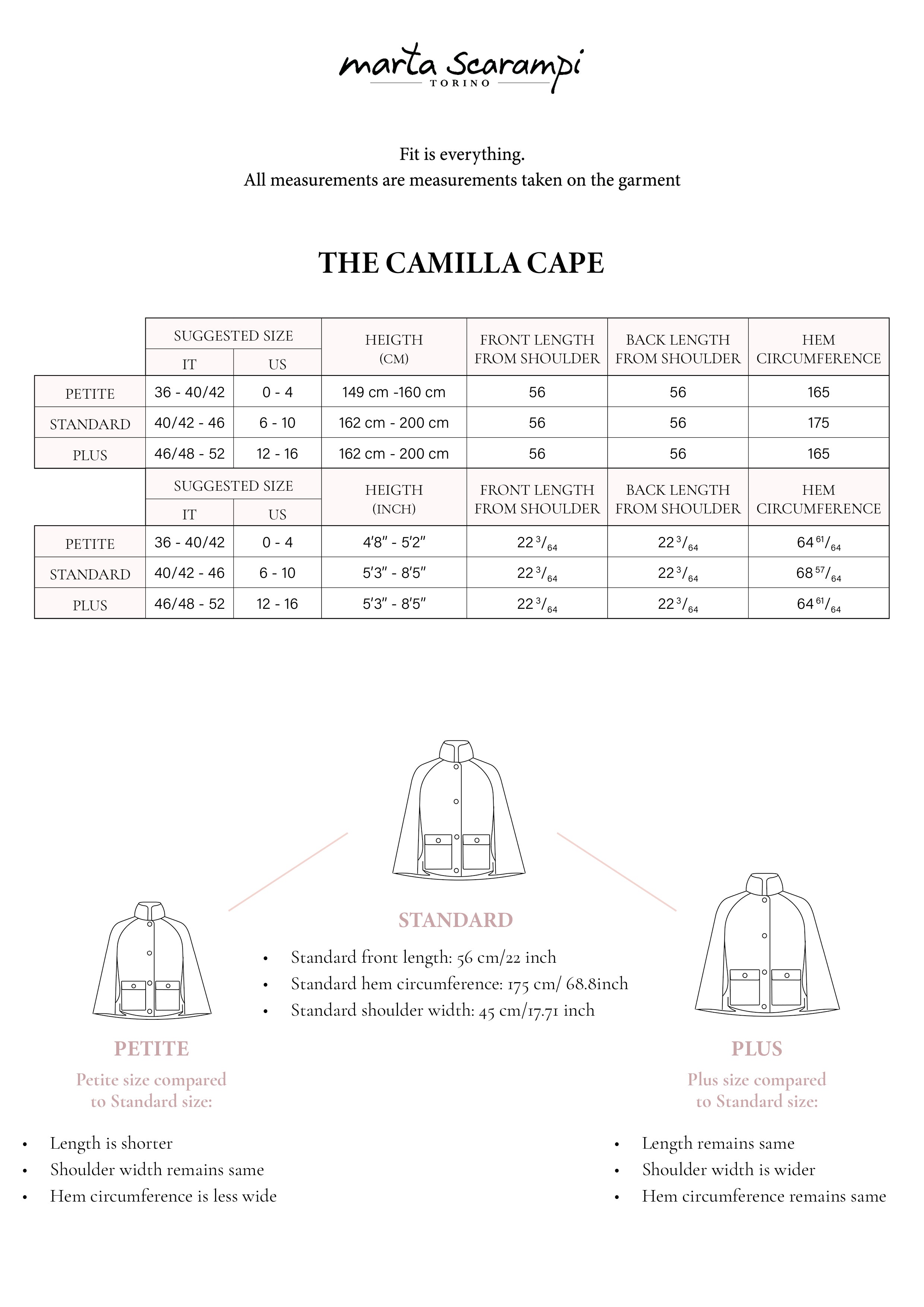 Camilla Cape Size Chart Marta Scarampi