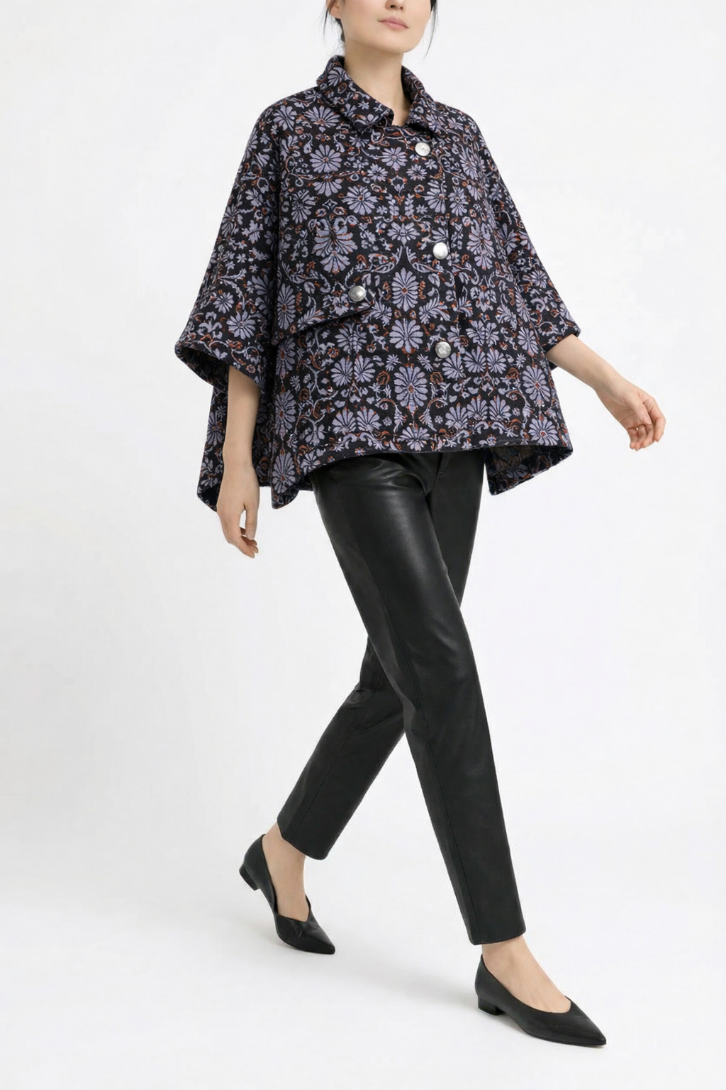 Mia Wool Poncho — black and lilac floral — Marta Scarampi