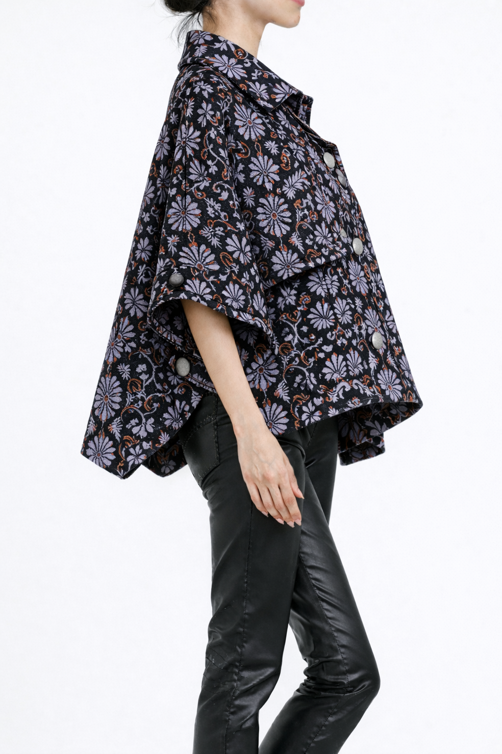 Mia Wool Poncho — black and lilac floral — Marta Scarampi
