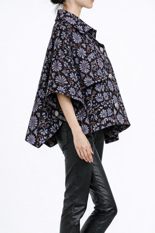 Mia Wool Poncho — black and lilac floral — Marta Scarampi