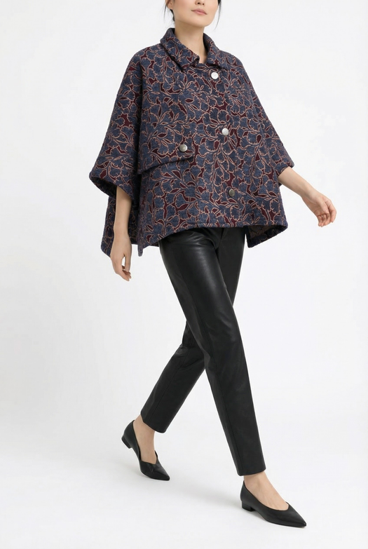 Mia Wool Poncho — blue jacquard — Marta Scarampi