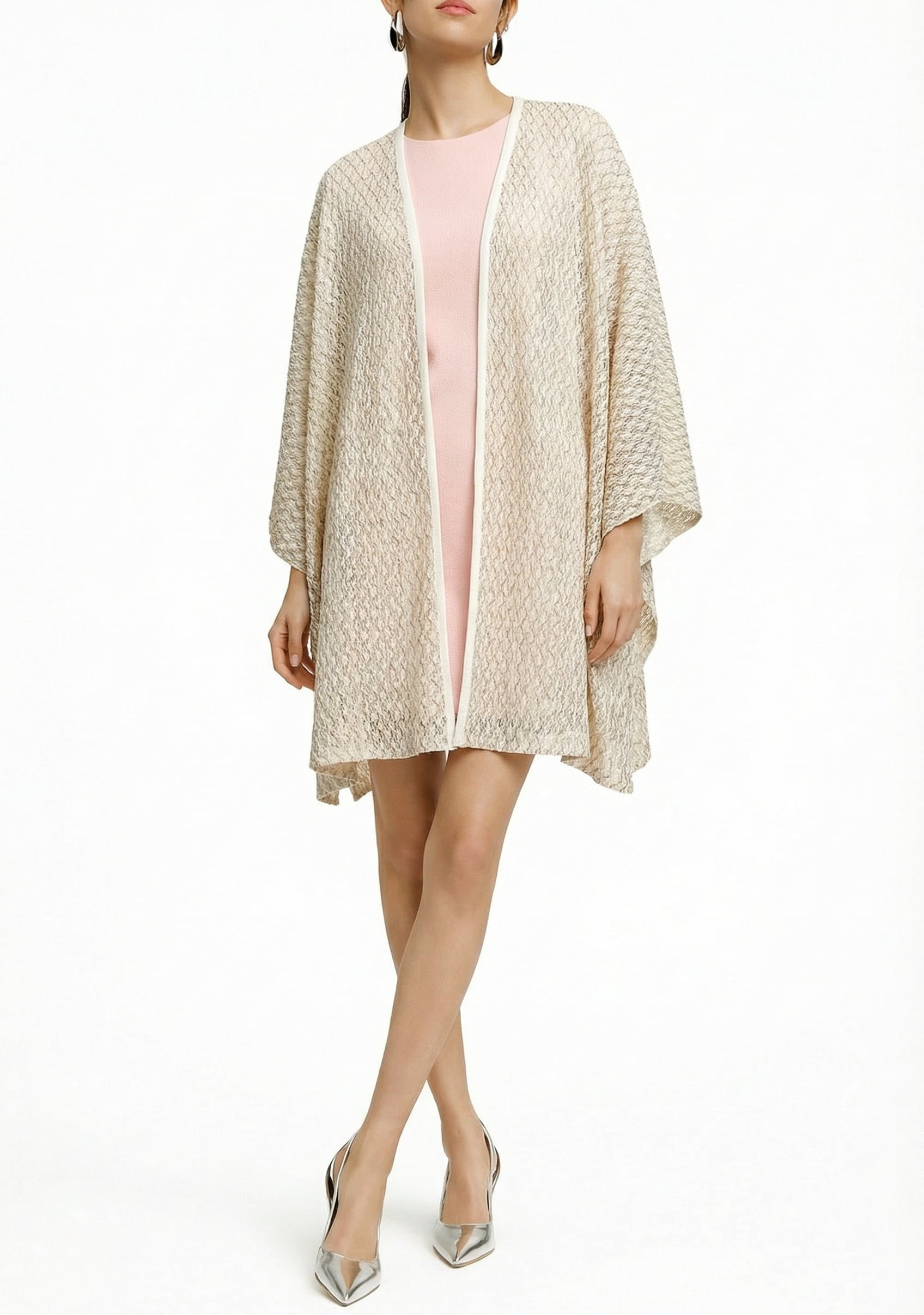 Alma Poncho in beige net, front view