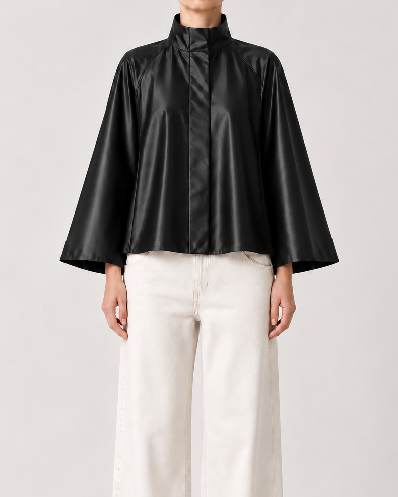 Audrey Water-Resistant Cape in black, front view