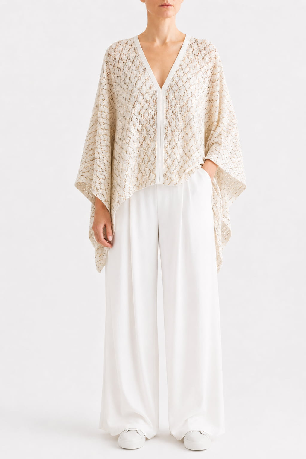 Aura Poncho in beige net, front view