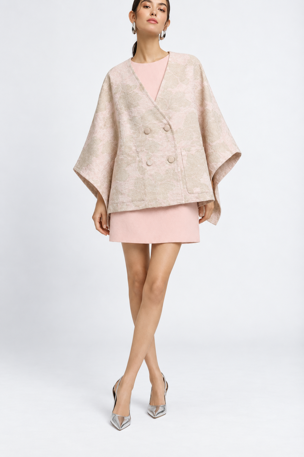 Clara Poncho Limited Edition in pink jacquard, front view