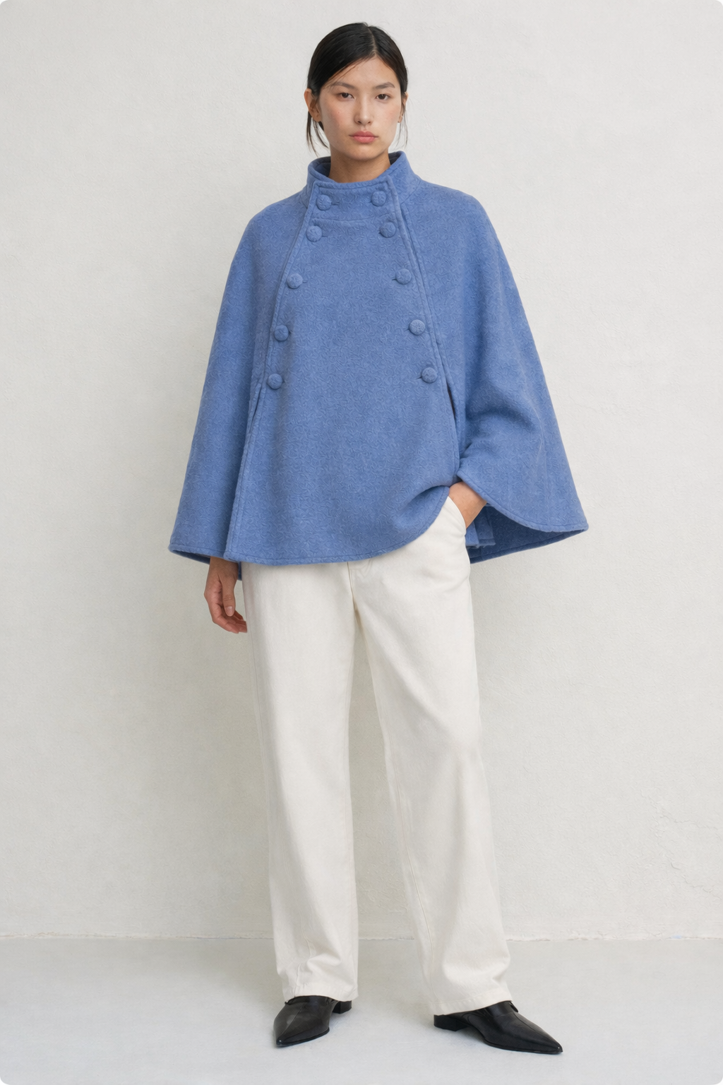 Margaret Wool Cape in cobalt blue, front view