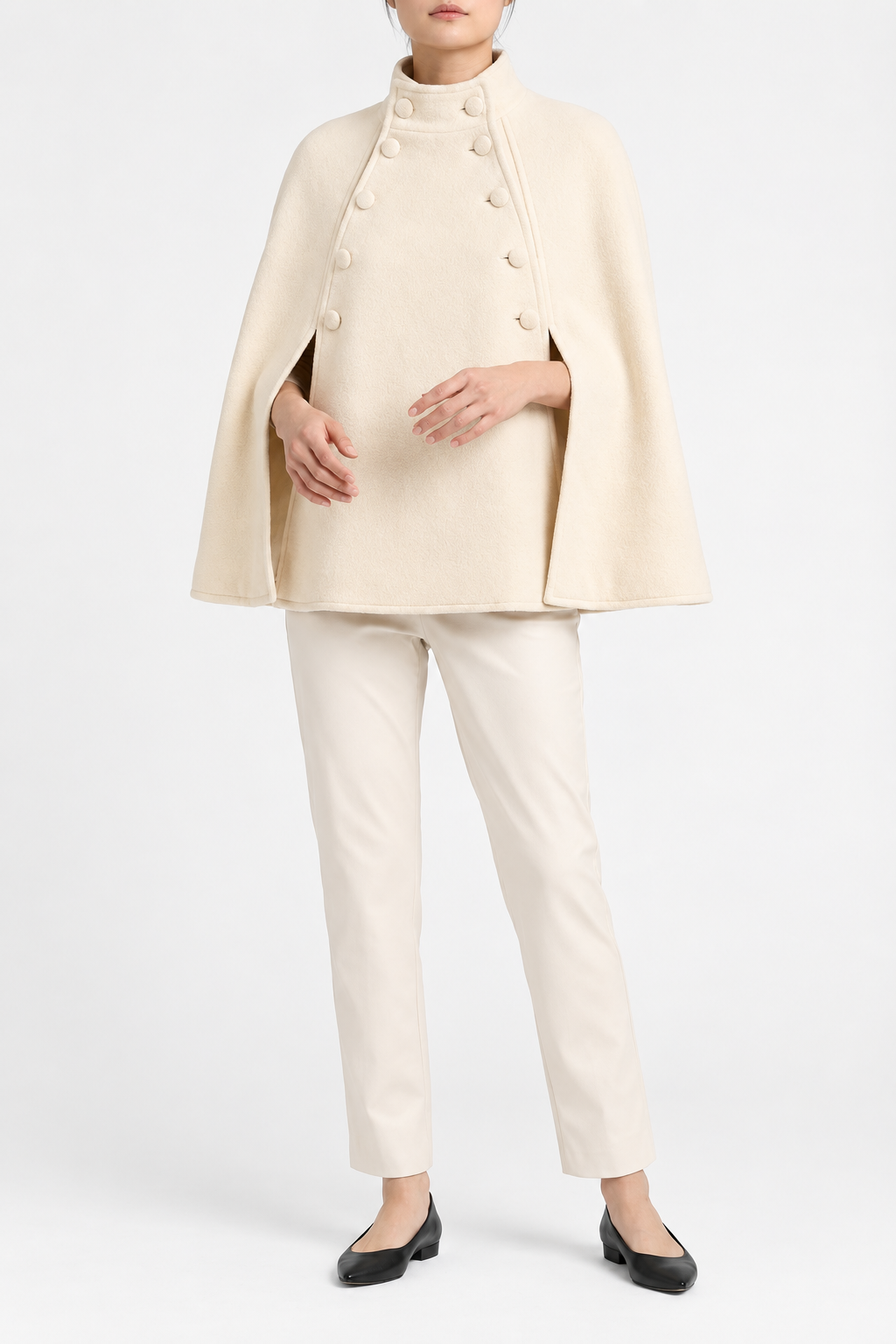 Margaret wool cape in cream, front view