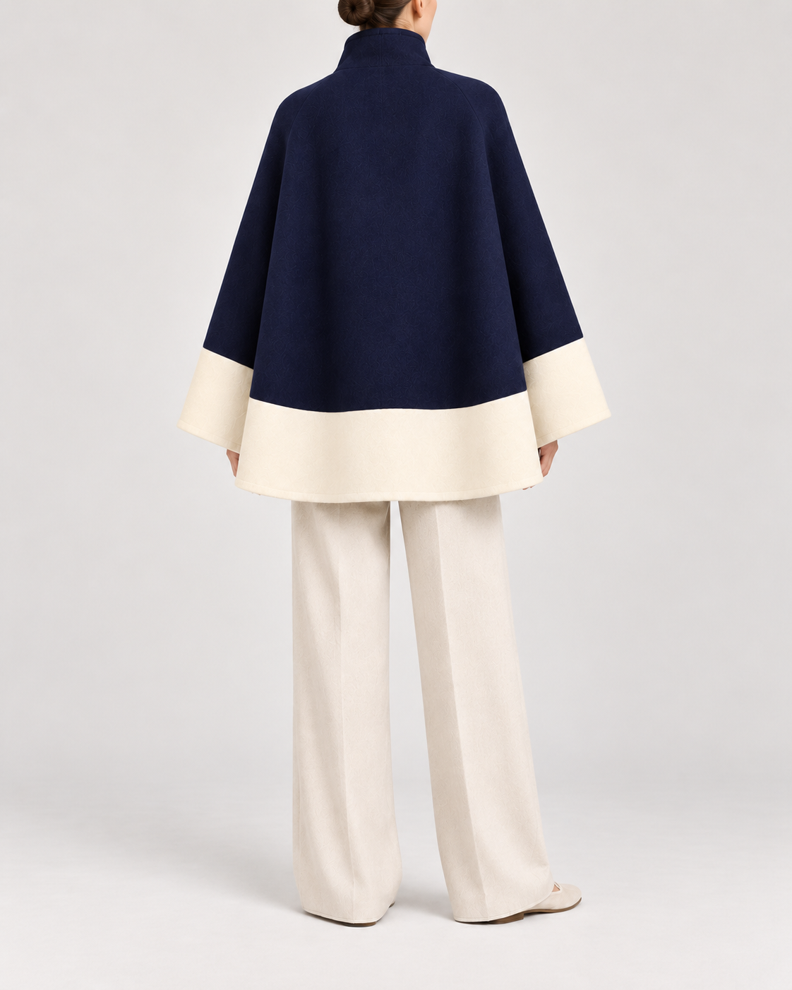 Rachel Two-Tone Wool Cape in navy and cream, back view