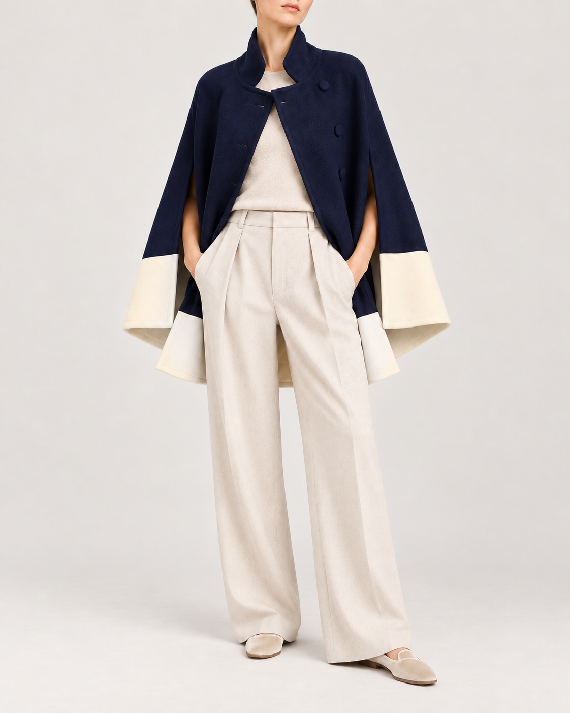 Rachel Two-Tone Wool Cape in navy and cream, front view