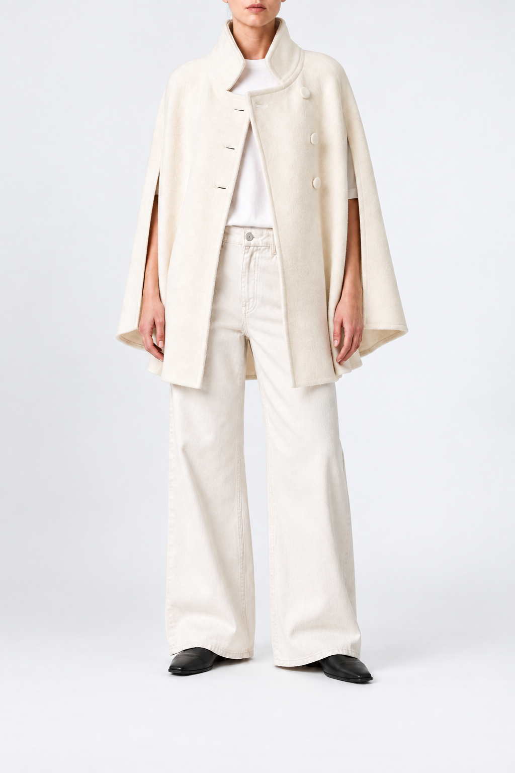 Rachel wool cape in cream, front view