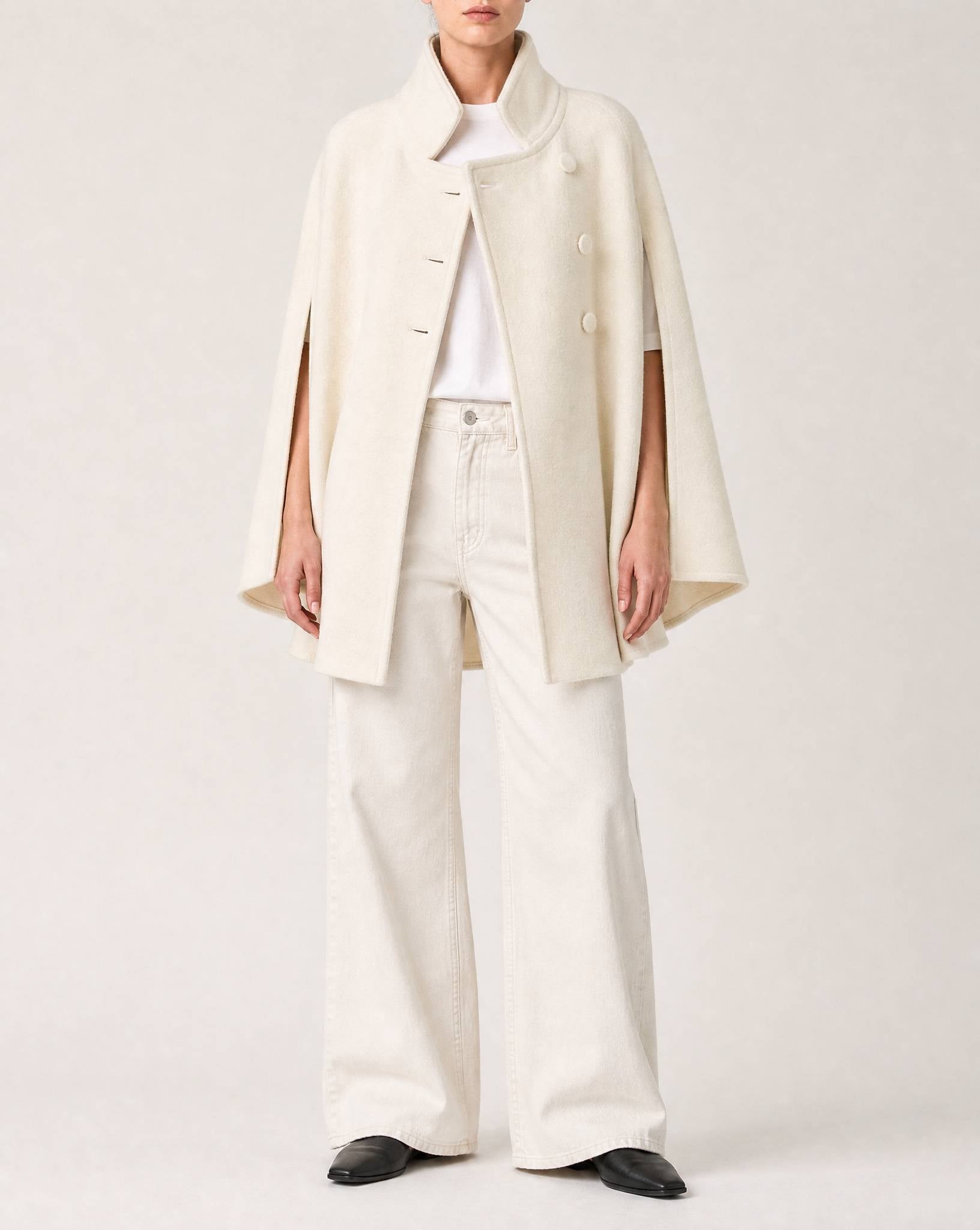 Rachel Wool Cape in cream, front view