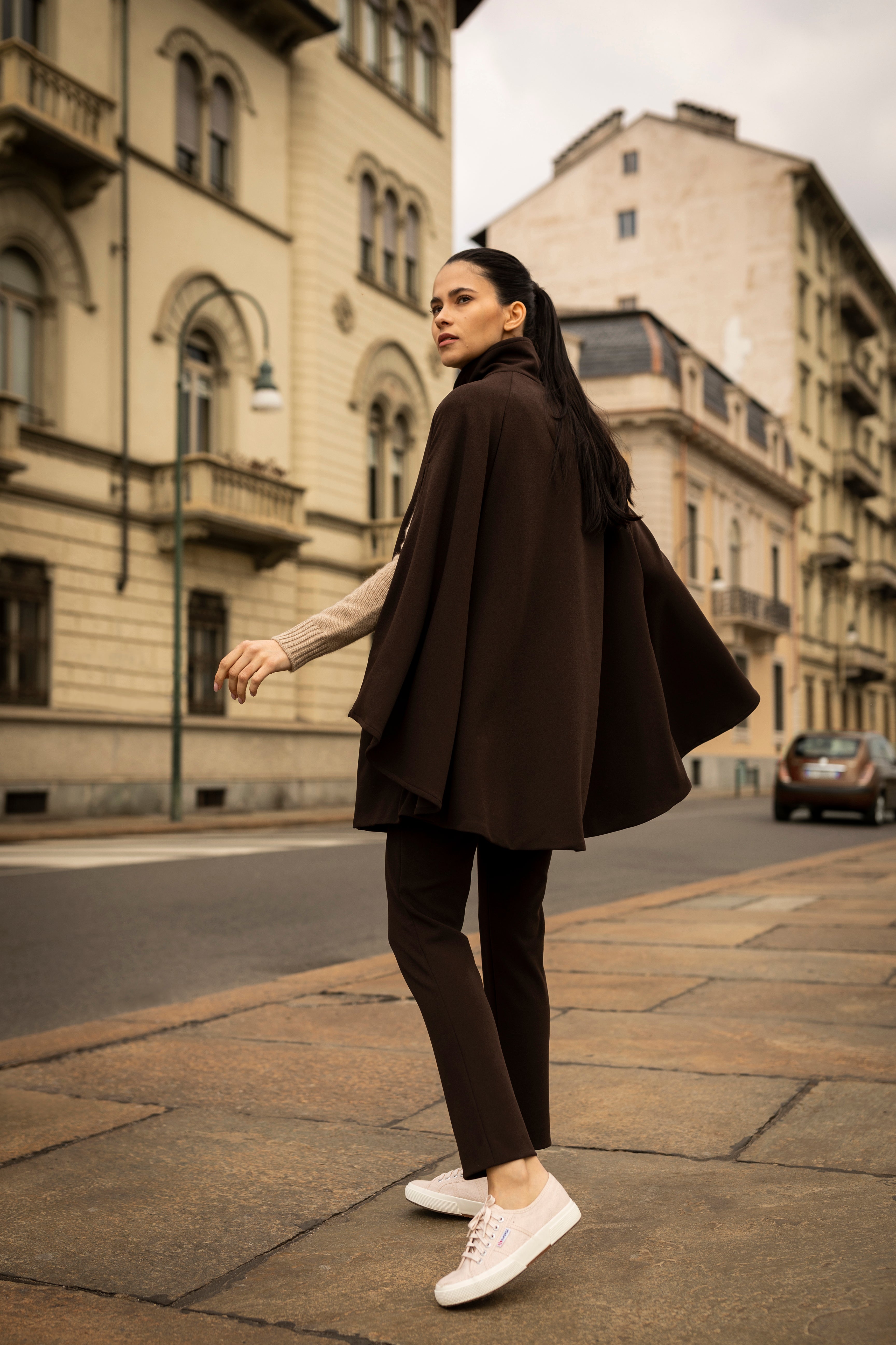 Rachel Microfiber Cape — chocolate brown — Marta Scarampi